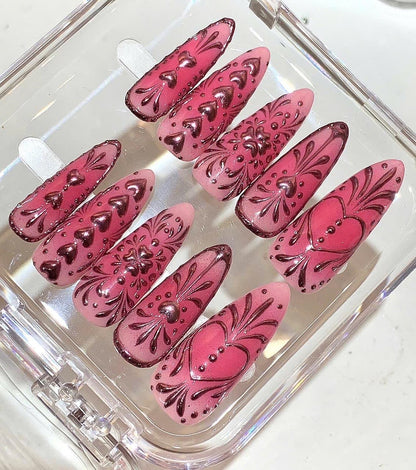 Pink Heart Press On Nails | Romantic Valentine Nail Art Set | Long Pink Ombre Nails