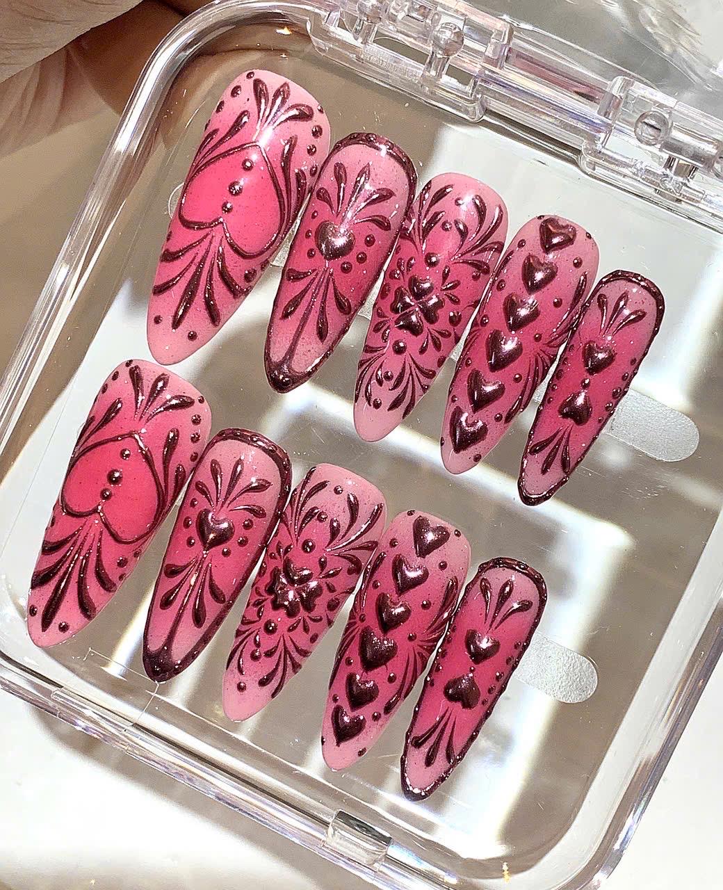 Pink Heart Press On Nails | Romantic Valentine Nail Art Set | Long Pink Ombre Nails