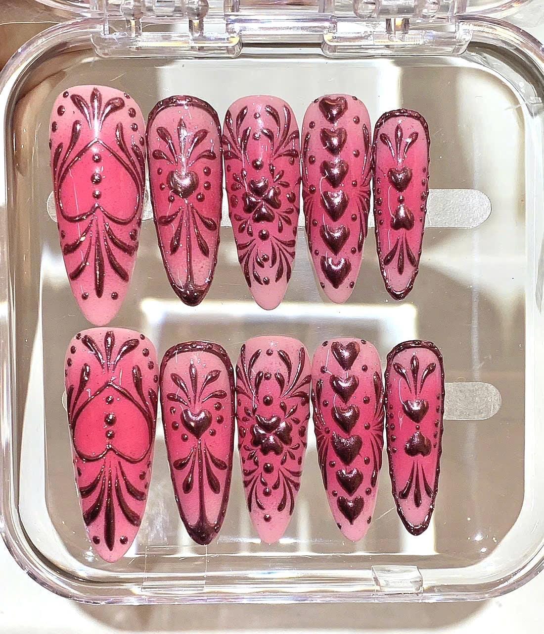 Pink Heart Press On Nails | Romantic Valentine Nail Art Set | Long Pink Ombre Nails