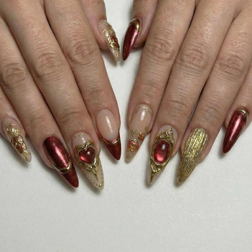Burgundy Valentine Press On Nails for Romantic Woman | Red Wine Gold Nail for Date Nights | 3D Rose & Heart Nails for Girlfriends | JB282H