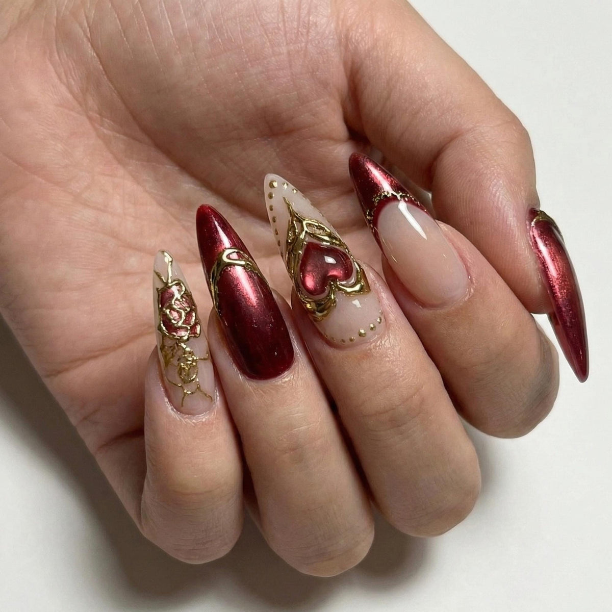 Burgundy Valentine Press On Nails for Romantic Woman | Red Wine Gold Nail for Date Nights | 3D Rose & Heart Nails for Girlfriends | JB282H