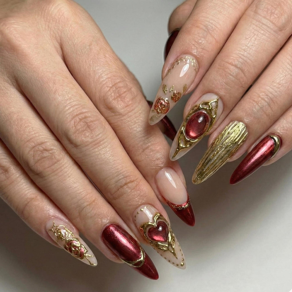 Burgundy Valentine Press On Nails for Romantic Woman | Red Wine Gold Nail for Date Nights | 3D Rose & Heart Nails for Girlfriends | JB282H