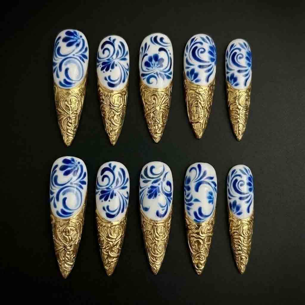 Handmade Porcelain Art Press On Nails | Blue Floral & 3D Gold Baroque Tips | Long Stiletto For Luxury Royalcore Vibes