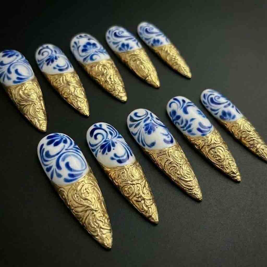 Handmade Porcelain Art Press On Nails | Blue Floral & 3D Gold Baroque Tips | Long Stiletto For Luxury Royalcore Vibes