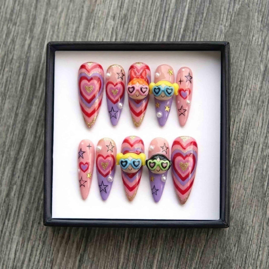 Powerpuff Girls Pink Aura Heart Press On Nails, Cute 3D Charms & Gold Star Glitter, Y2K Kawaii Cartoon Valentine Nails Set