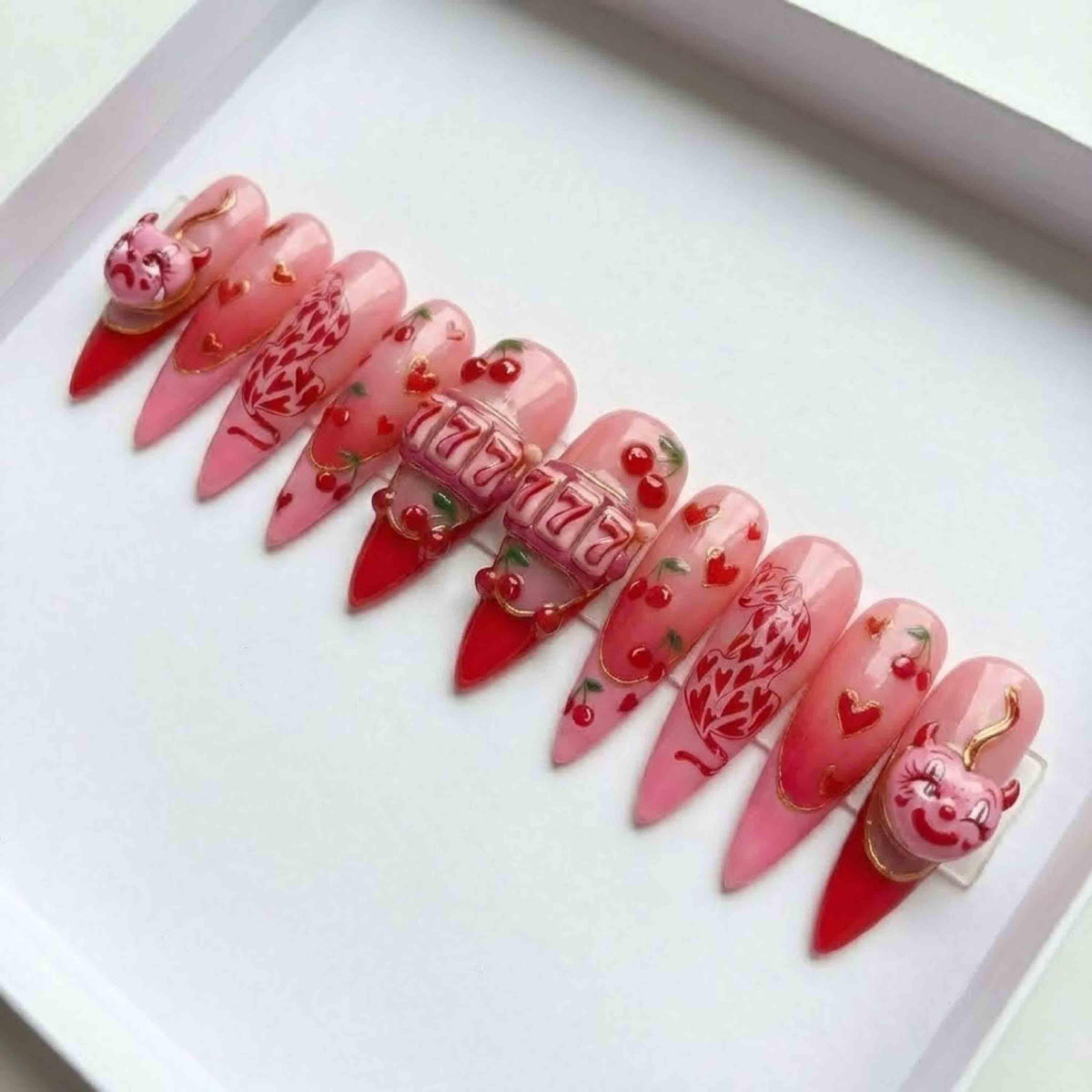 Lucky 777 Casino Pink Cherry Press On Nails, Luxury Handmade 3D Slot Machine & Leopard Art, Y2K McBling Coquette Nails Set