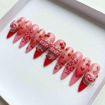 Lucky 777 Casino Pink Cherry Press On Nails, Luxury Handmade 3D Slot Machine & Leopard Art, Y2K McBling Coquette Nails Set