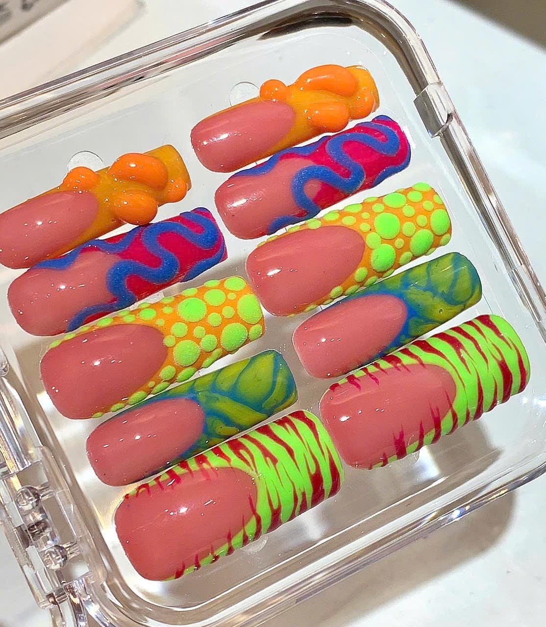 Neon Pop Press On Nails | Bright Summer Nail Art Set | 3D Funky Festival Nails