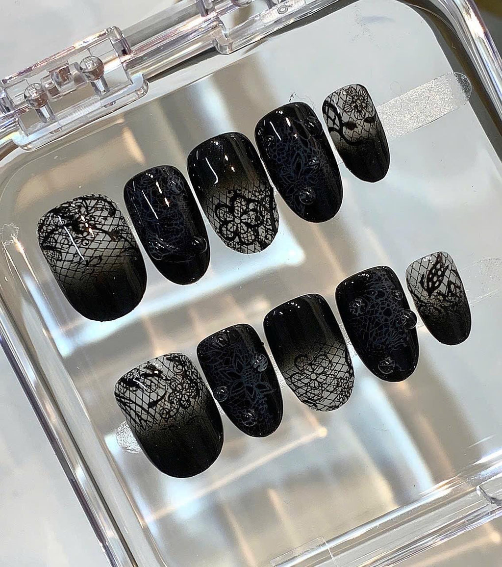 Black Lace Ombre Press On Nails | Gothic Witchy False Nail Art