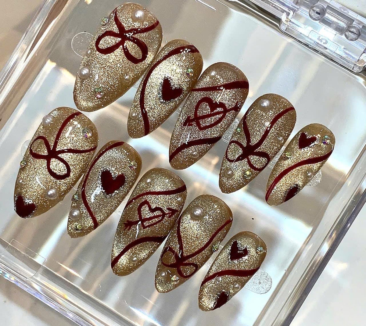 Gold Glitter Heart Press On Nails | Red Bow Pearl Valentine Nail Set