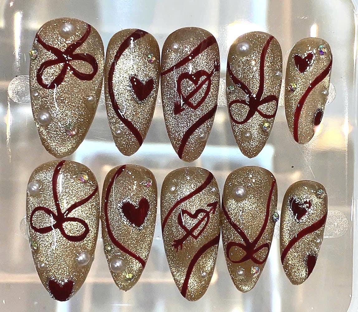 Gold Glitter Heart Press On Nails | Red Bow Pearl Valentine Nail Set