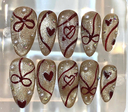 Gold Glitter Heart Press On Nails | Red Bow Pearl Valentine Nail Set