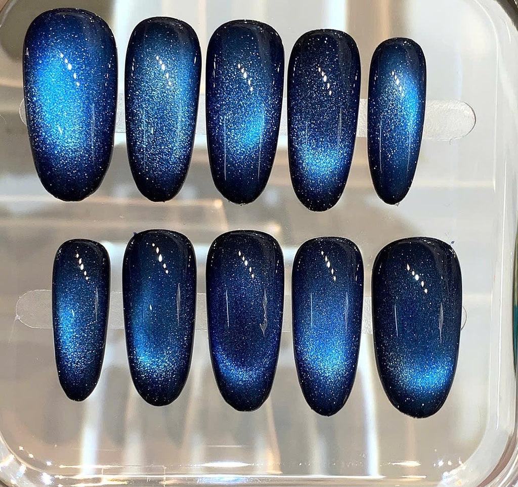Blue Cat Eye Press On Nails | Galaxy Shimmer, Handmade False Nails