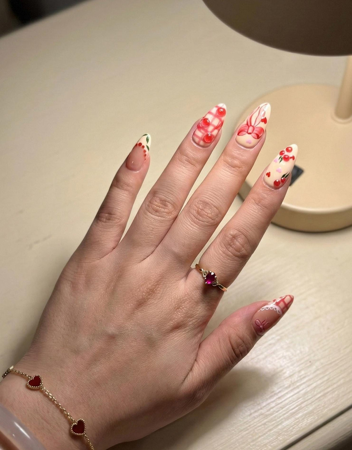 Cherry Cute Hearts Press On Nails for Valentine Days | Handmade Nude Pink Ribbon Fake Nails | Sweet Cherry Heart Nail Art | JB283EC