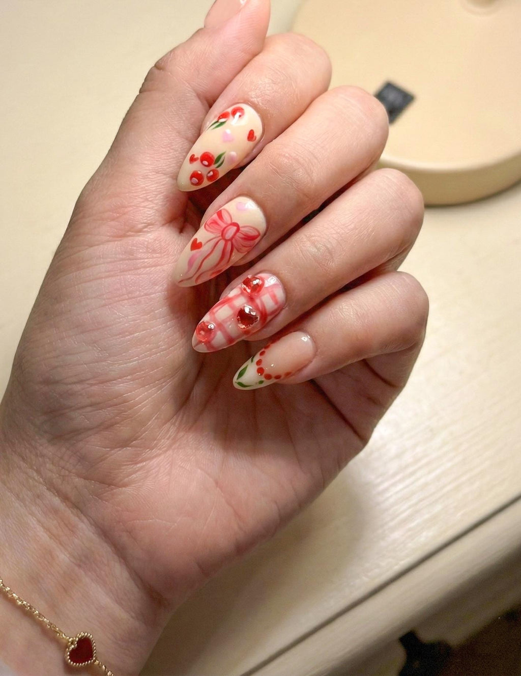 Cherry Cute Hearts Press On Nails for Valentine Days | Handmade Nude Pink Ribbon Fake Nails | Sweet Cherry Heart Nail Art | JB283EC
