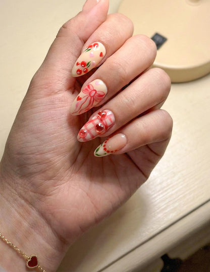 Cherry Cute Hearts Press On Nails for Valentine Days | Handmade Nude Pink Ribbon Fake Nails | Sweet Cherry Heart Nail Art | JB283EC