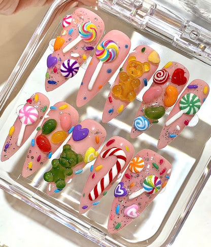 Candy Press On Nails | Gummy Bear & Lollipop Nails | Pink Sweet 3D Nail Art Set