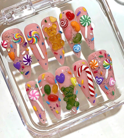 Candy Press On Nails | Gummy Bear & Lollipop Nails | Pink Sweet 3D Nail Art Set