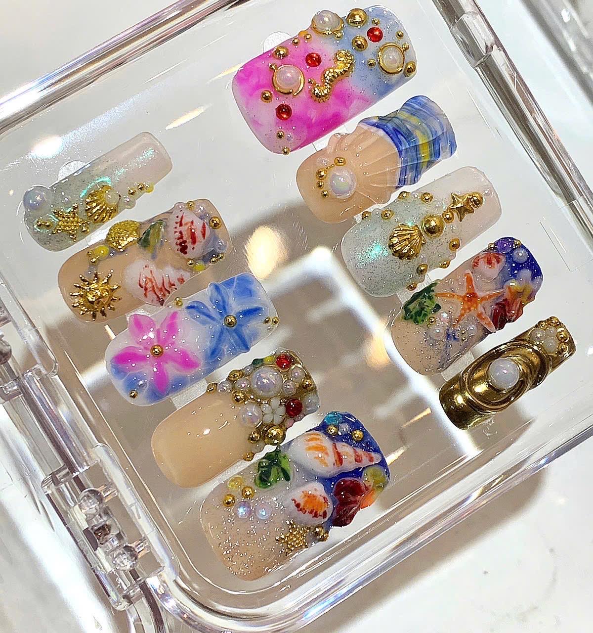 Mermaid Ocean Press On Nails | 3D Seashell Starfish Nail Art | Pearl Gold Beach Nails