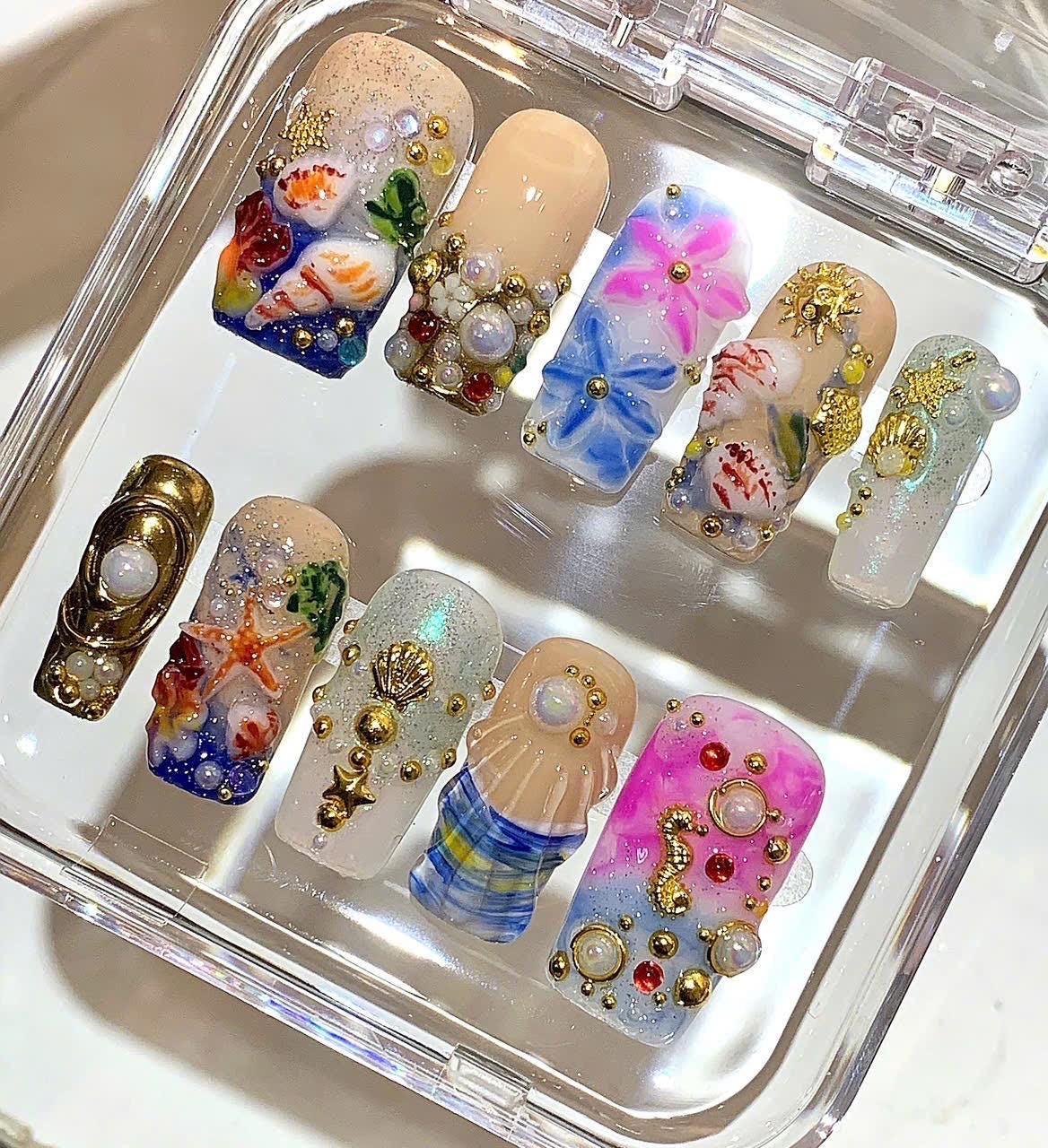 Mermaid Ocean Press On Nails | 3D Seashell Starfish Nail Art | Pearl Gold Beach Nails