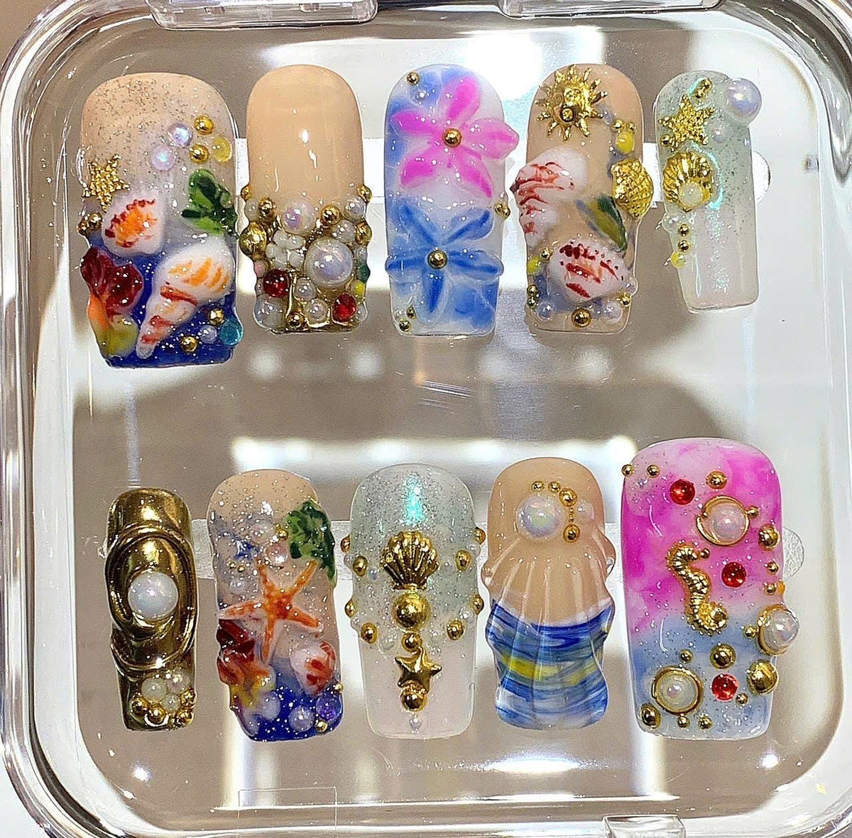 Mermaid Ocean Press On Nails | 3D Seashell Starfish Nail Art | Pearl Gold Beach Nails
