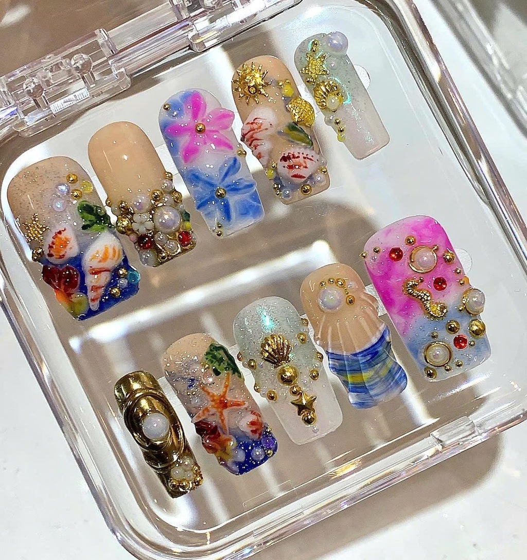 Mermaid Ocean Press On Nails | 3D Seashell Starfish Nail Art | Pearl Gold Beach Nails