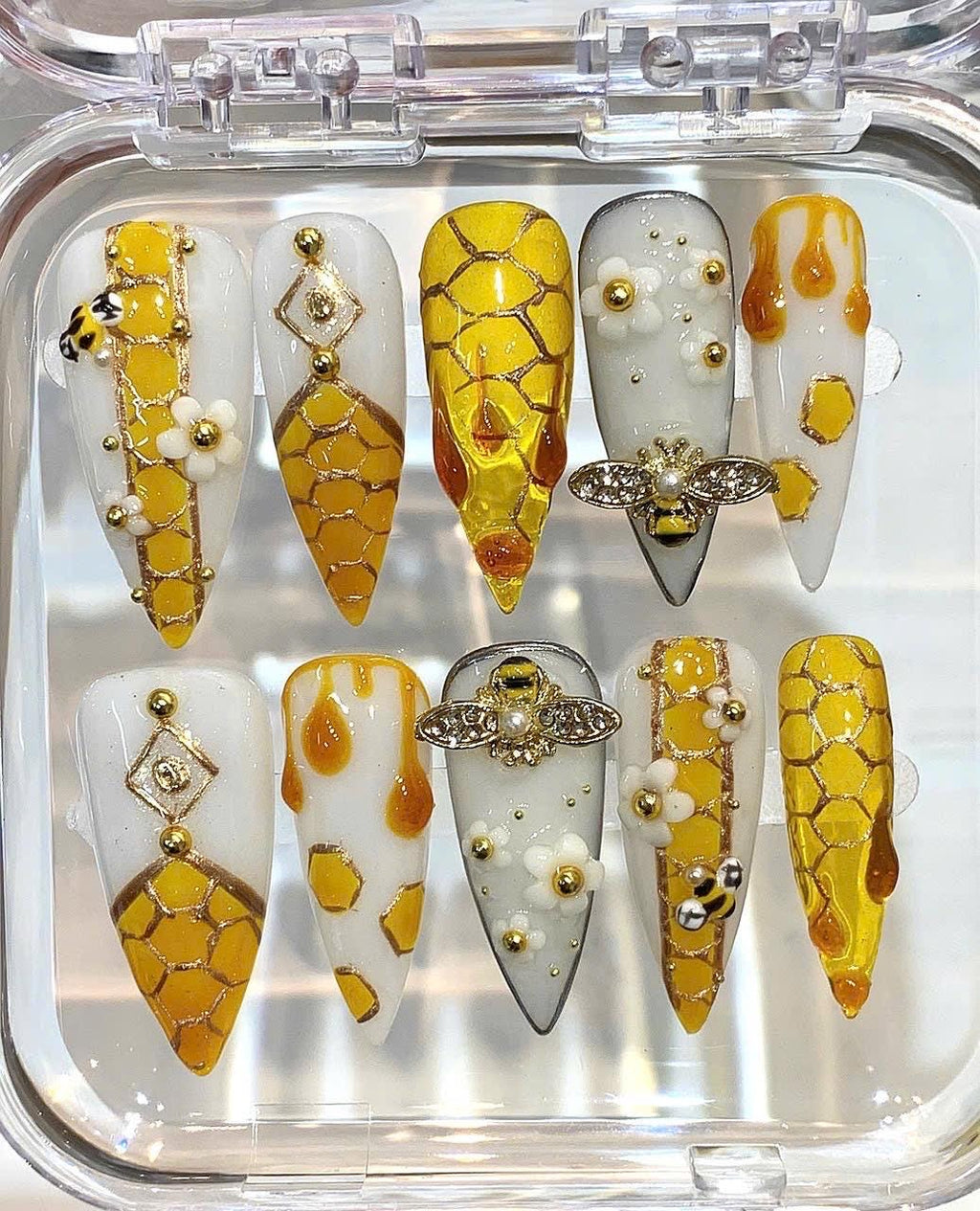 Honeycomb Bee Press On Nails | Amber Gold Drip Nails | 3D Honey Bee Nail Art