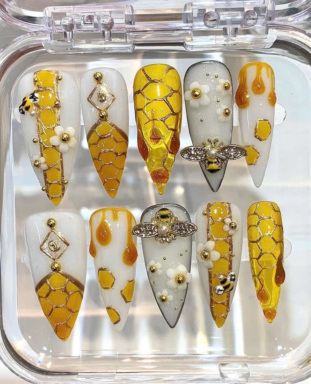 Honeycomb Bee Press On Nails | Amber Gold Drip Nails | 3D Honey Bee Nail Art