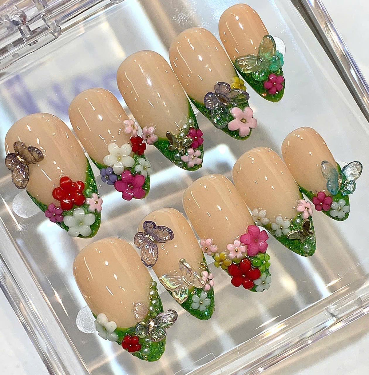 Spring Flower Press On Nails | Nude Green 3D Floral Nails | Butterfly Fairy Garden Nails | Handmade Luxury Nail Set