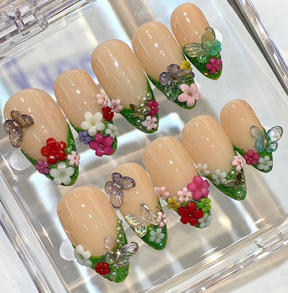Spring Flower Press On Nails | Nude Green 3D Floral Nails | Butterfly Fairy Garden Nails | Handmade Luxury Nail Set