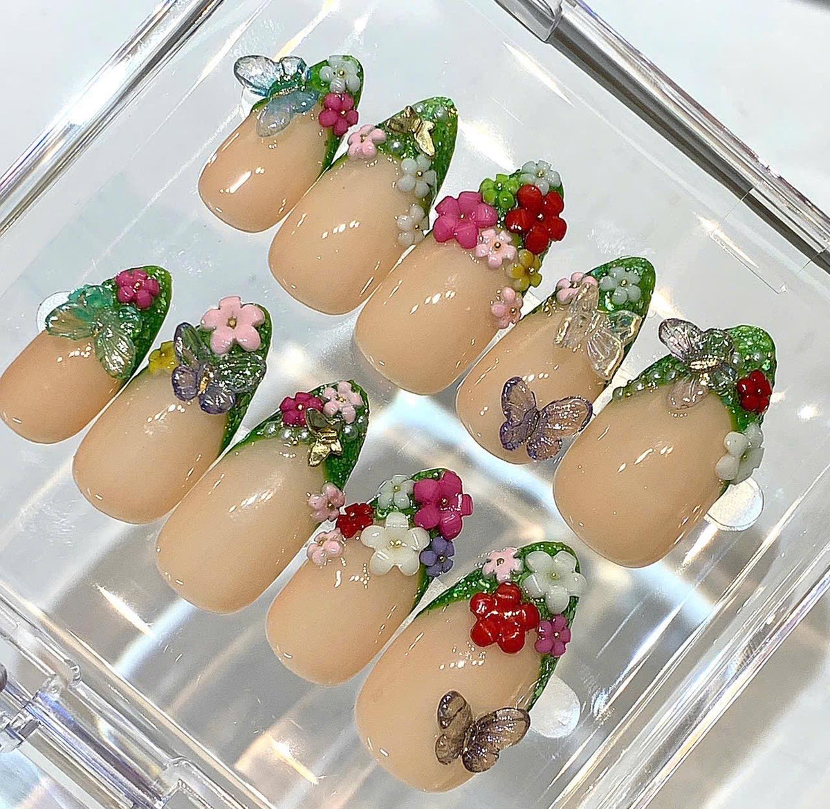 Spring Flower Press On Nails | Nude Green 3D Floral Nails | Butterfly Fairy Garden Nails | Handmade Luxury Nail Set