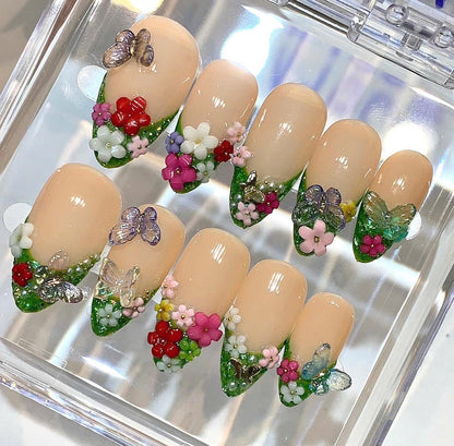Spring Flower Press On Nails | Nude Green 3D Floral Nails | Butterfly Fairy Garden Nails | Handmade Luxury Nail Set
