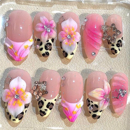 3D Floral Leopard Press On Nails: Pink Rhinestone Almond Nail Art