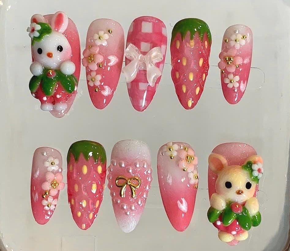 3D Kawaii Strawberry Press On Nails: Bunny Bear Sakura Nail Art