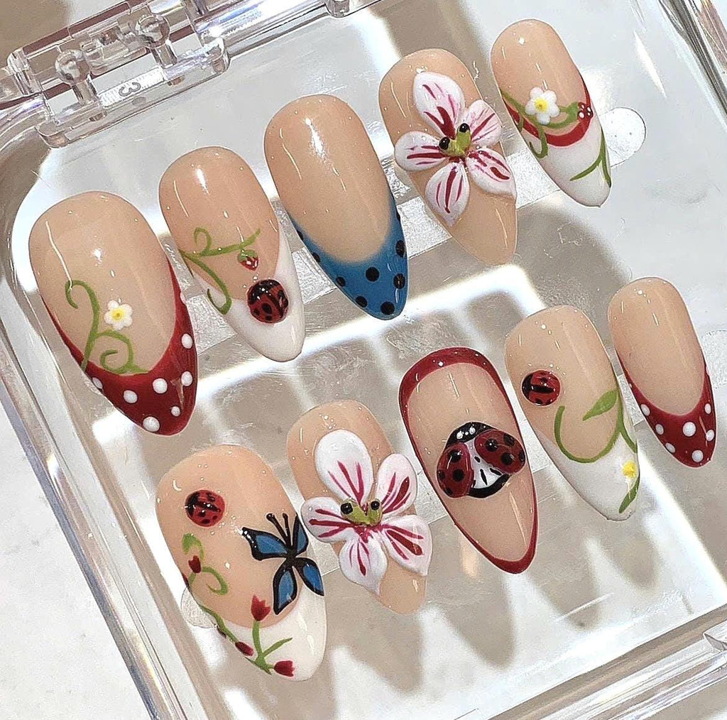 3D Ladybug Press On Nails | Floral Nature Nails | Handmade Nude Press On | Spring Garden Nail Set