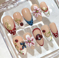 3D Ladybug Press On Nails | Floral Nature Nails | Handmade Nude Press On | Spring Garden Nail Set