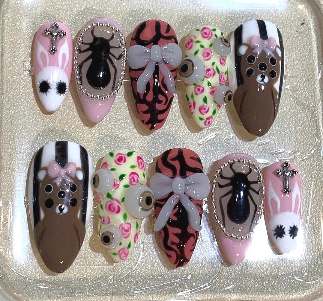 Horror Press On Nails, Halloween False Nails, Spider, Bunny, Bear, Eyeball, Bow