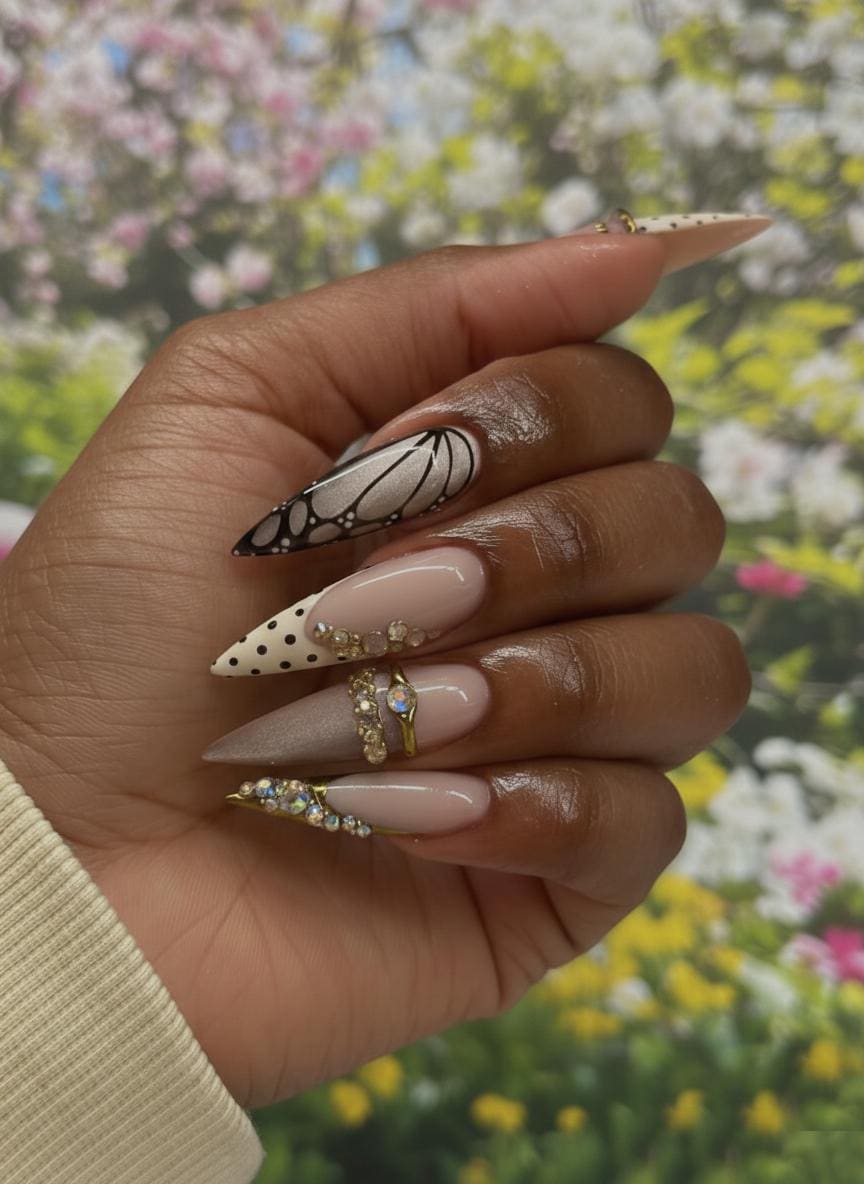 Butterfly Elegance Luxury Press On Nails | Nude Gold Crystal Nail Set | Crystal Wing Nail Art | Spring Butterfly | JB269EC