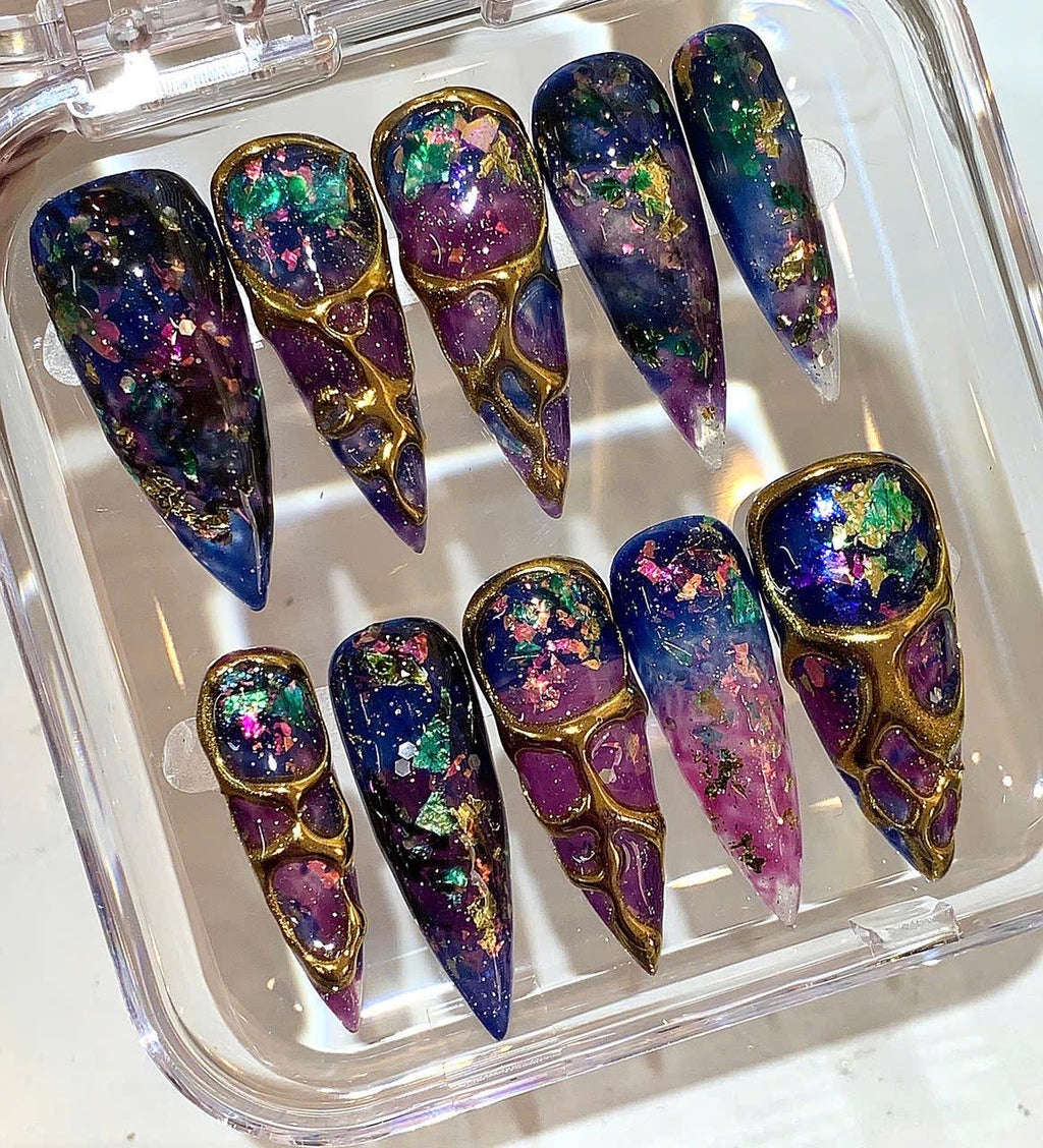Galaxy Press On Nails | Cosmic Purple Blue Nails | Gold Vein Nail Art