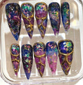 Galaxy Press On Nails | Cosmic Purple Blue Nails | Gold Vein Nail Art