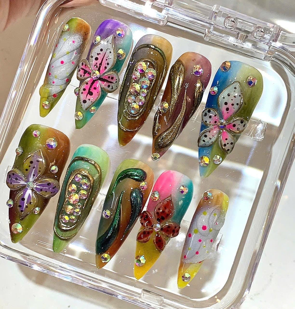 Boho Floral Press On Nails | Pastel Rainbow Nails | 3D Flower Nail Art