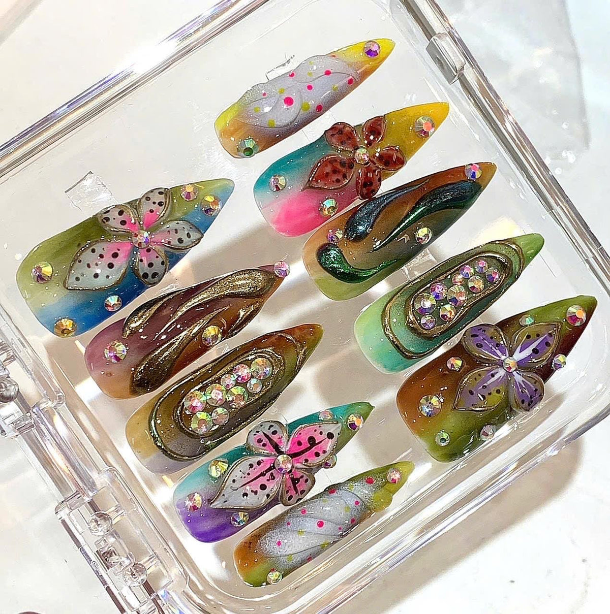 Boho Floral Press On Nails | Pastel Rainbow Nails | 3D Flower Nail Art