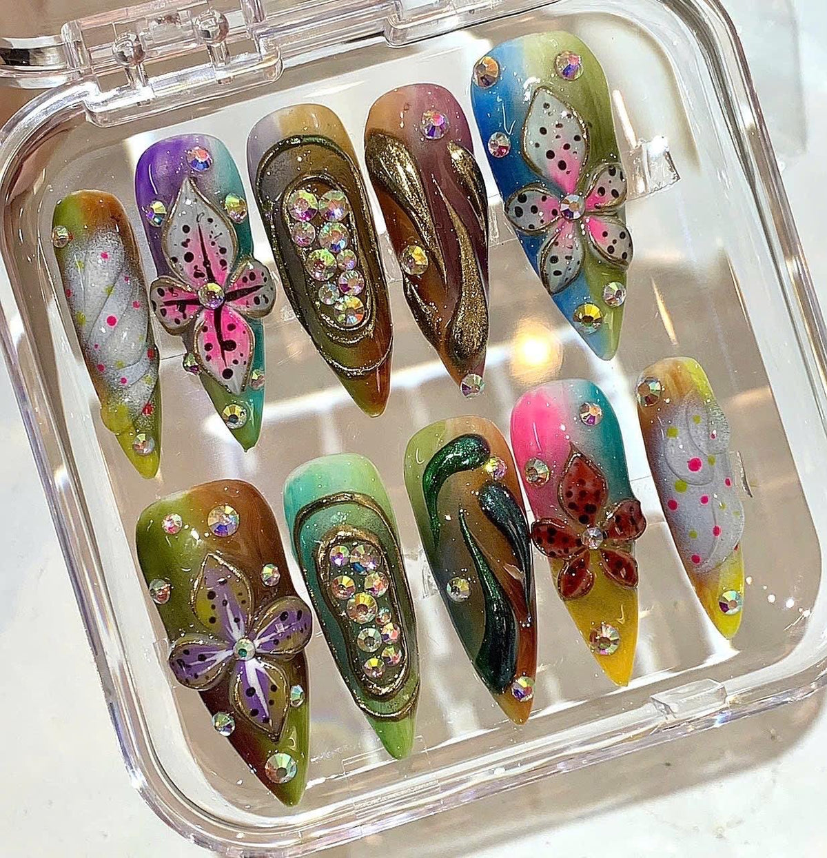 Boho Floral Press On Nails | Pastel Rainbow Nails | 3D Flower Nail Art