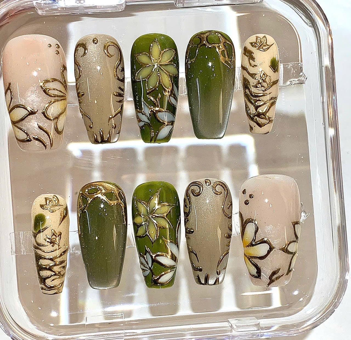 Olive Green Press On Nails | Botanical Floral Nails | Gold Line Art Nail Design