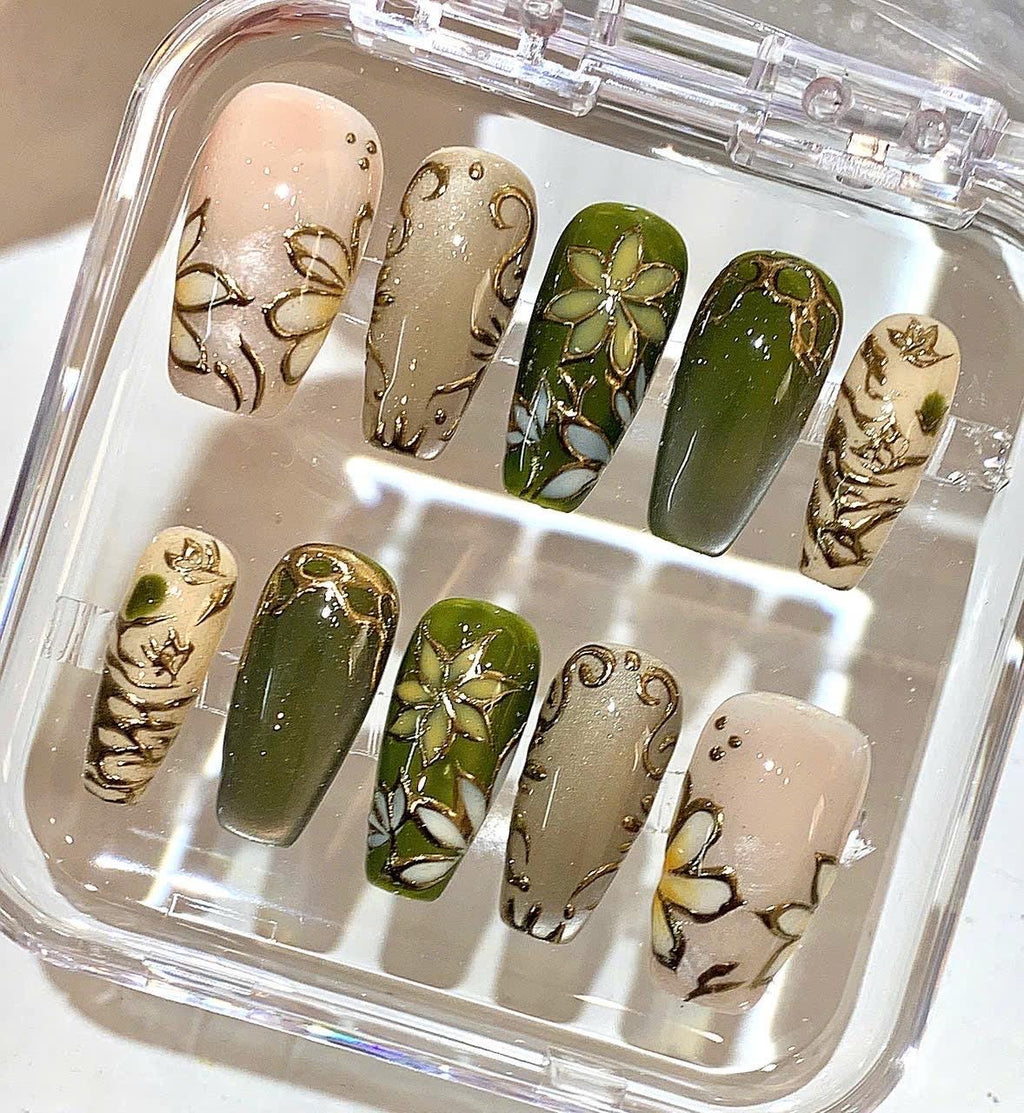 Olive Green Press On Nails | Botanical Floral Nails | Gold Line Art Nail Design