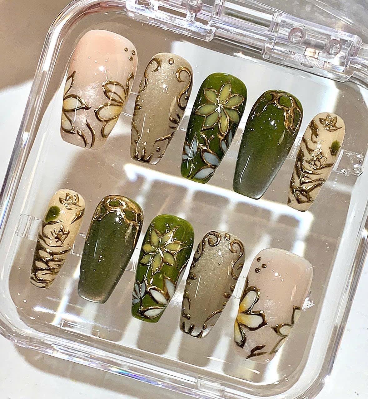 Olive Green Press On Nails | Botanical Floral Nails | Gold Line Art Nail Design