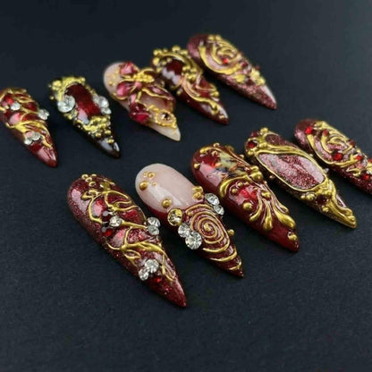 Handmade Red Baroque Press On Nails | Gold 3D Chrome, Glitter & Rhinestones | Long Stiletto For Luxury Party Vibes
