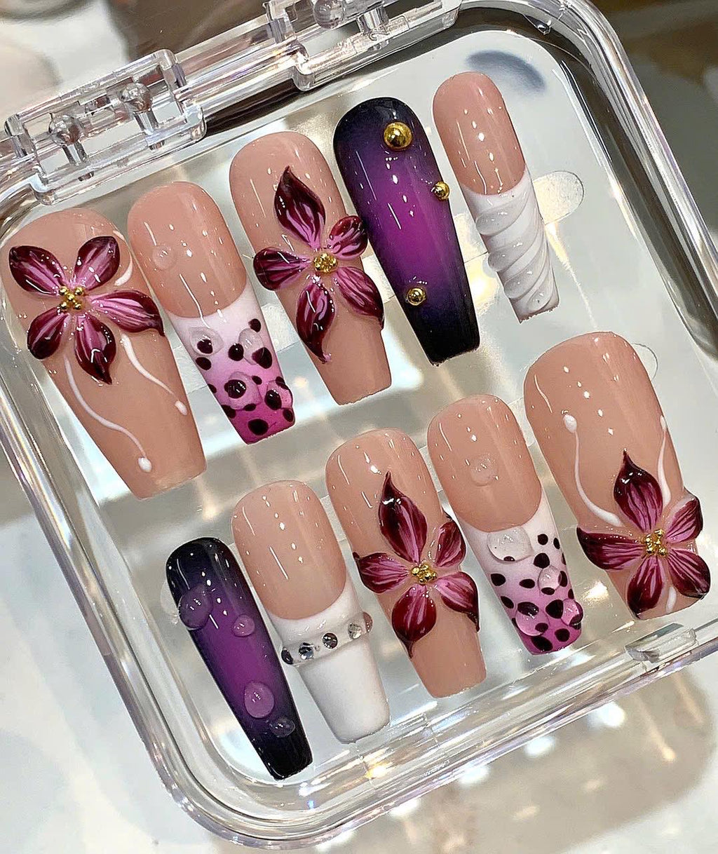 3D Floral Press On Nails | Burgundy Flower, Purple Ombre