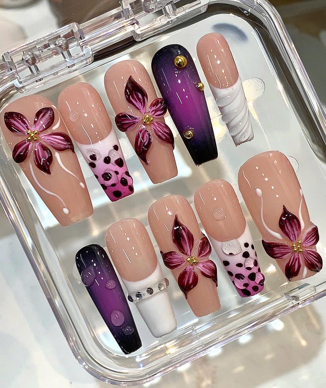 3D Floral Press On Nails | Burgundy Flower, Purple Ombre