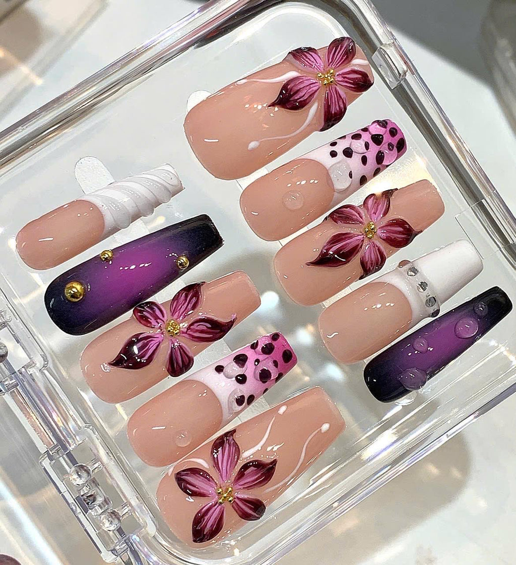 3D Floral Press On Nails | Burgundy Flower, Purple Ombre